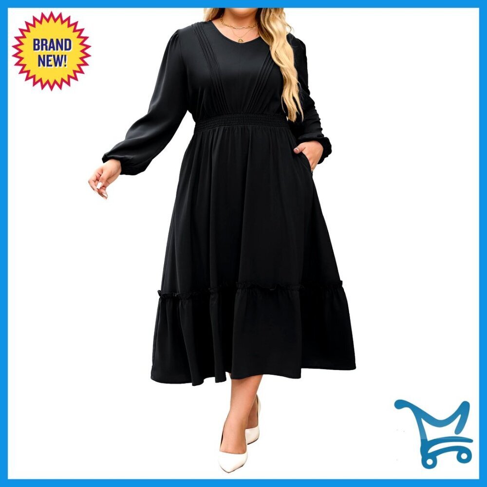 Plus Size Maxi Dress Long Sleeve V Neck Pleated Flowy Tiered Elegant